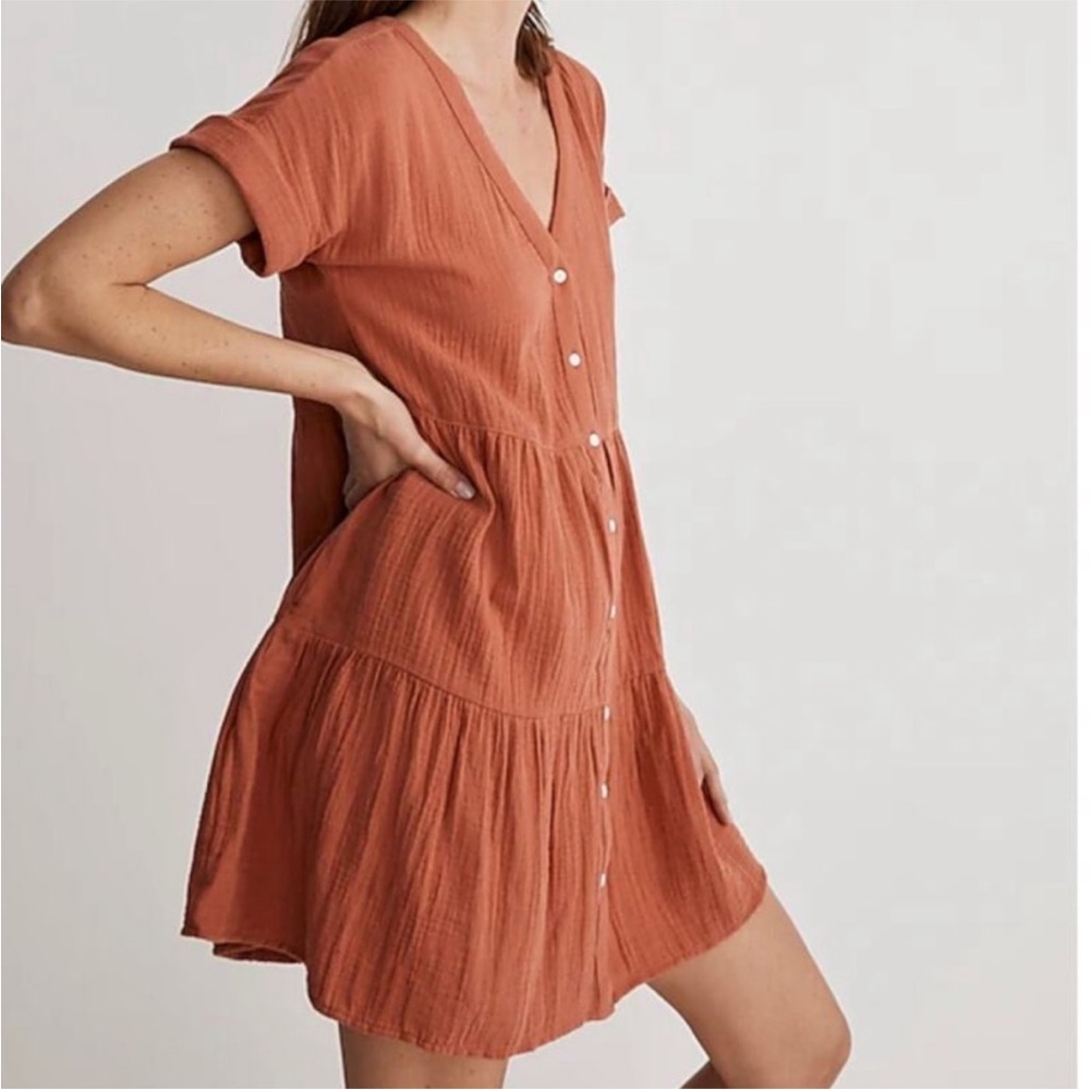 Madewell Tiered Cotton Gauze Mini Dress - XXS Rust / Salvaged Barn